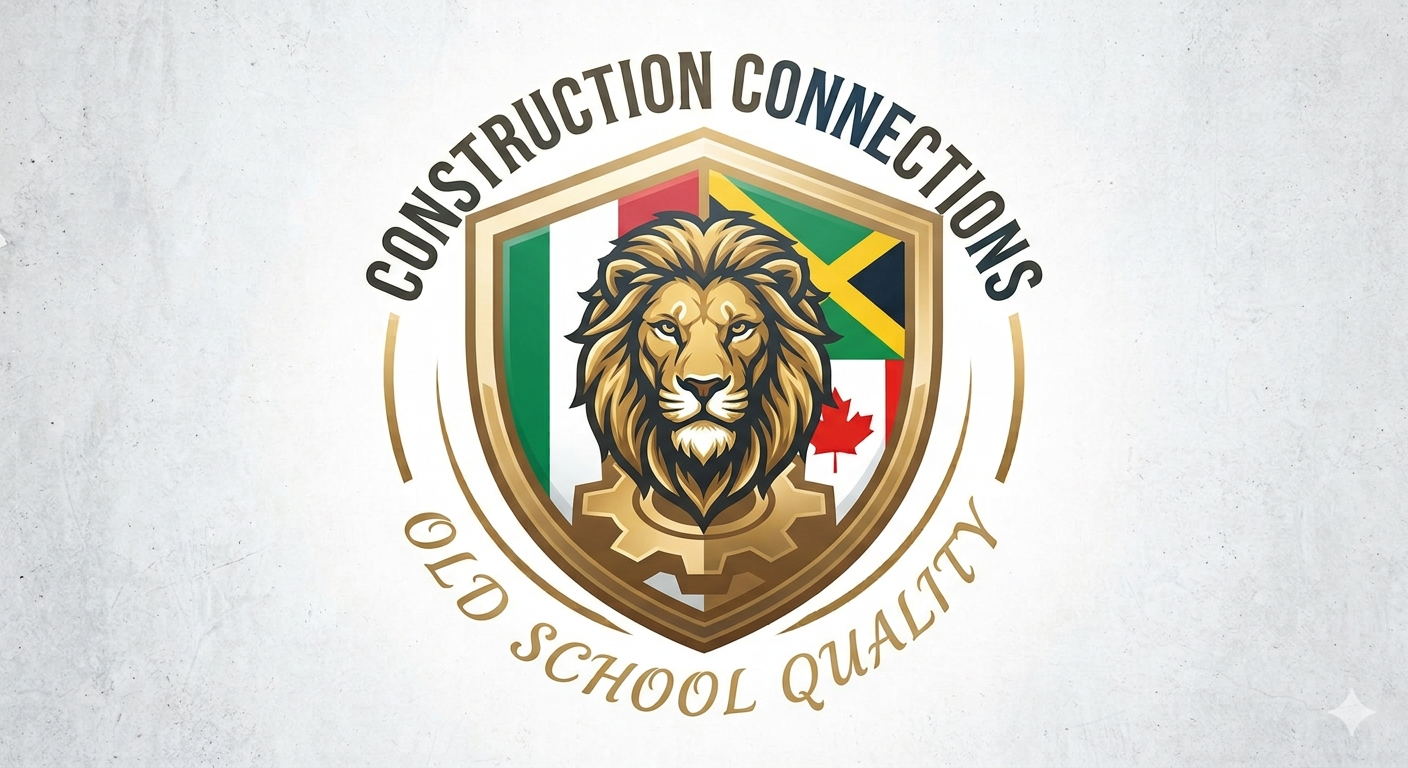 Construction Connections roofing company crest — lion, flags, and gear